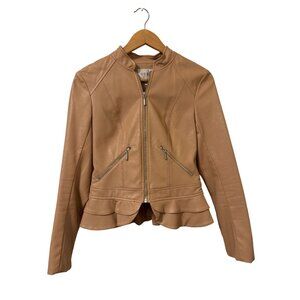 Guess Tan Faux Leather Jacket Peplum Hem And Silver Zipper Details Womens XS